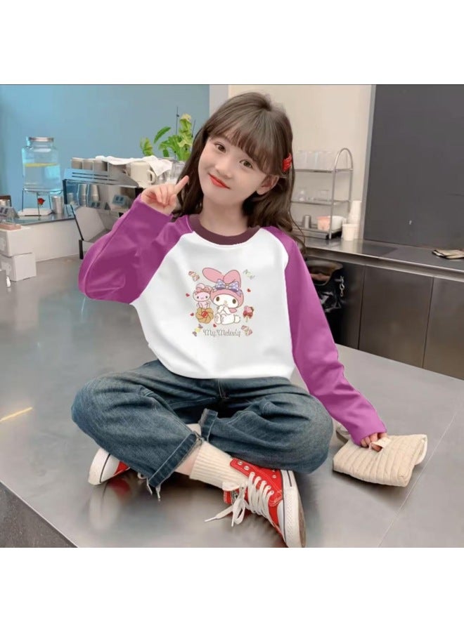 Girls' Pure Cotton Long Sleeve T-shirt, Spring/autumn New Style Cartoon Print Raglan Top, Girls' Base Layer
