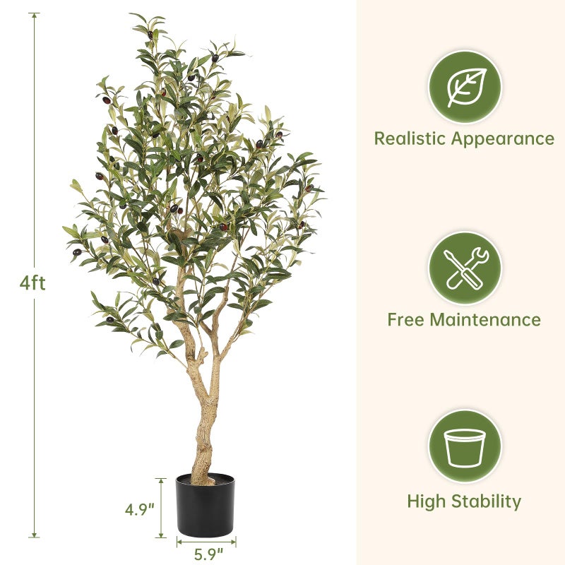 Realead Faux Olive Tree 4ft - Realistic Indoor Olive Tree Plants - Fake Olive Tree with Thick Trunk and Lifelike Fruits - Artificial Olive Trees for Modern Home Office Decor Indoor - Image 4