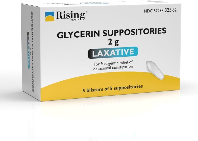 Rising Health  Fast Relief Medicated Laxative Suppositories for Adults  Rectal Use Only Glycerin 2g  Gentle  Quick Constipation Relief  Results Within 15 Minutes to 1 hr 25 Count 25 Count - Image 1