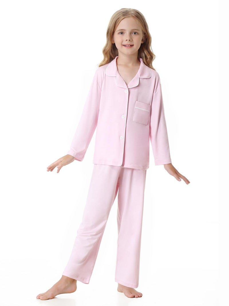 Umeyda Girls Button Down Pajamas Set, Long Sleeve Pjs Nightwear Sleepwear for Teen Kid 2 Pcs Loungewear, Pink, 7-8 Years=140 - Image 2