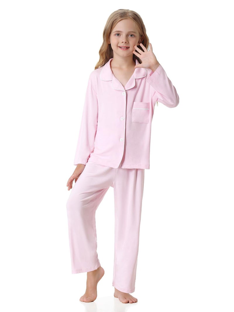 Umeyda Girls Button Down Pajamas Set, Long Sleeve Pjs Nightwear Sleepwear for Teen Kid 2 Pcs Loungewear, Pink, 7-8 Years=140 - Image 4