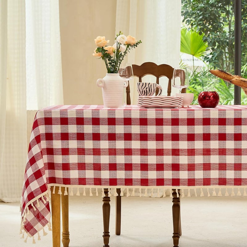 Midsummer Breeze Rectangle Tablecloth  Rustic Gingham Buffalo Plaid Table Cloth for Thanksgiving Christmas Kitchen Dining Room 55x84 Inch Red and White - Image 1