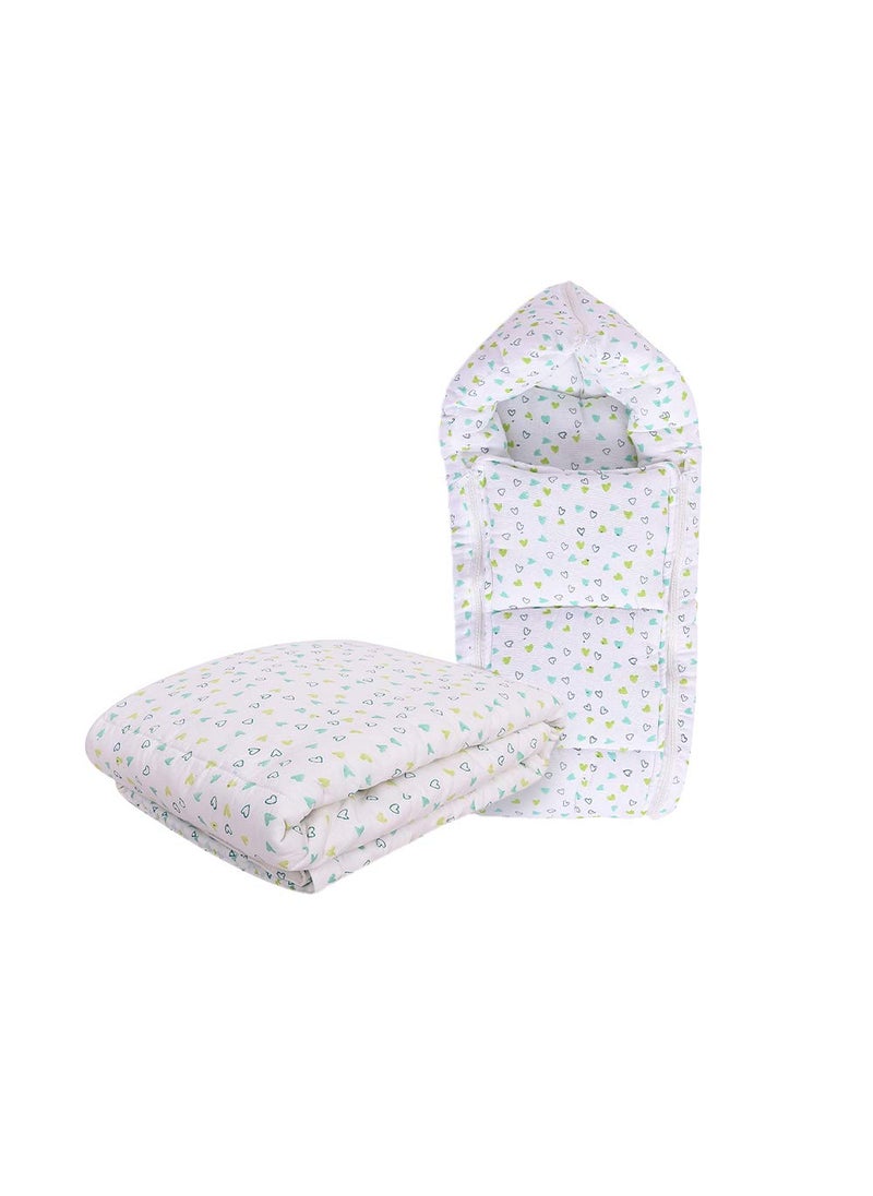 MOM'S HOME MOM'S HOME Organic Cotton Baby AC Quilt Blanket- 0-3 Year-110x120 and Organic Cotton Muslin Sleeping Cum Carrying Nest Bag- 0-11 Months - Green Heart  - Image 1