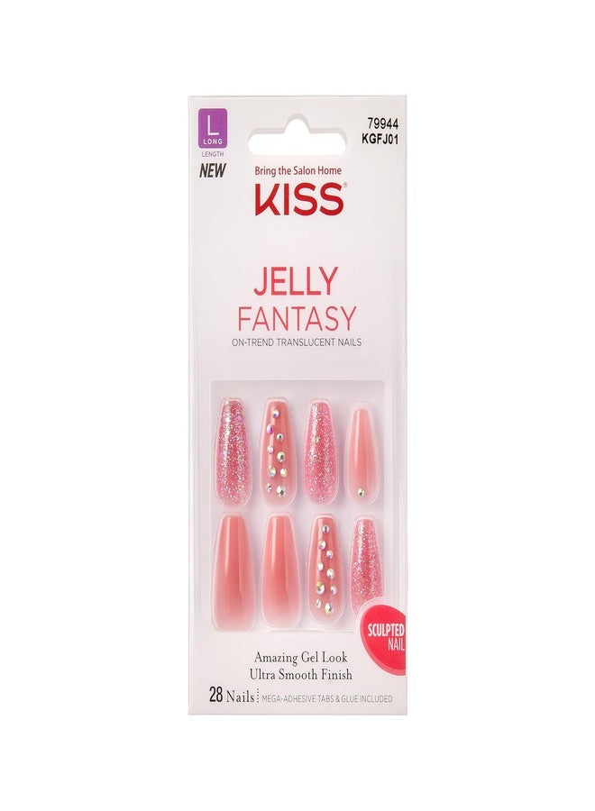 KISS Gel Fantasy Press On Nails, Nail glue included, 'Be Jelly', Pink, Long Size, Coffin Shape, Includes 28 Nails, 2g Glue, 1 Manicure Stick, 1 Mini File, 1 Adhesive Tab - Image 1