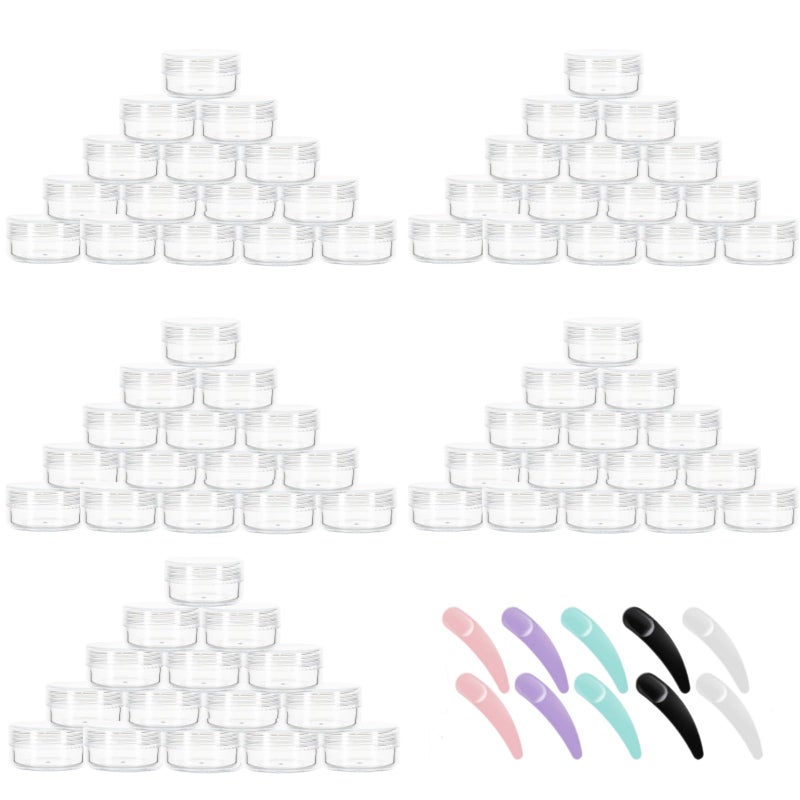 BTYMS Refillable Cosmetic Sample Jars 100 Pack 10g 035oz Clear Small Travel Containers with Lids 10 Mini Makeup Spatulas BPA Free