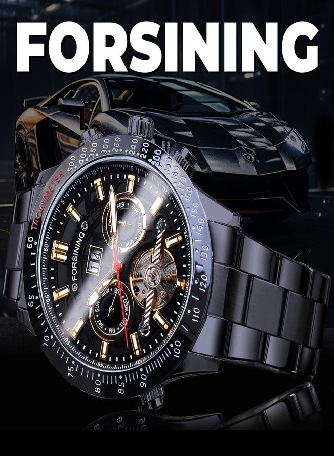 FORSINING Men Tourbillon Mechanical Self-Wind Watch, Day Date Month Full Calendar, Luminous Tachymeter Multifunctional Automatic Watches, Carved Big Dial Stainless Steel Band Wrist Watch, Black Gold - Image 4