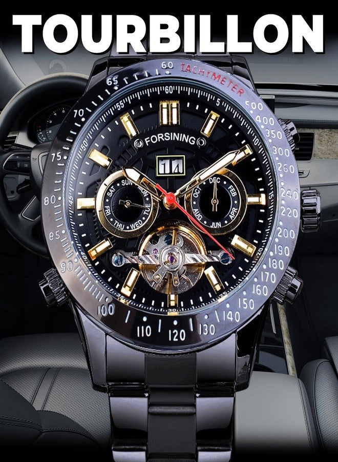 FORSINING Men Tourbillon Mechanical Self-Wind Watch, Day Date Month Full Calendar, Luminous Tachymeter Multifunctional Automatic Watches, Carved Big Dial Stainless Steel Band Wrist Watch, Black Gold - Image 3