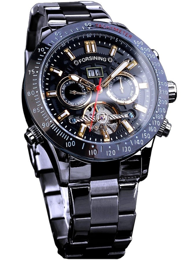 FORSINING Men Tourbillon Mechanical Self-Wind Watch, Day Date Month Full Calendar, Luminous Tachymeter Multifunctional Automatic Watches, Carved Big Dial Stainless Steel Band Wrist Watch, Black Gold - Image 1