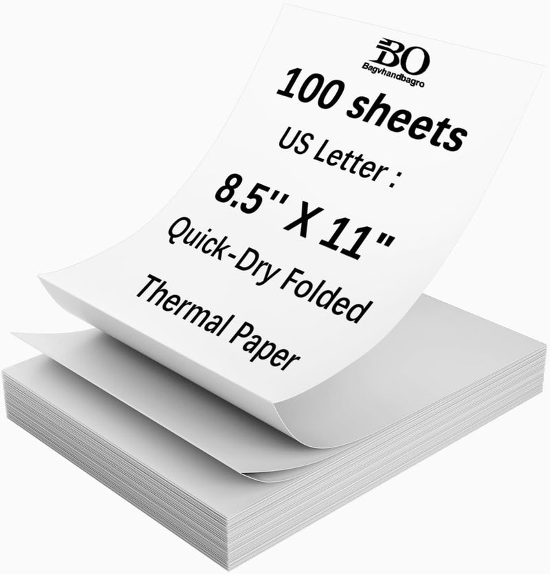 باج في هاندباج برو ورق طابعة حرارية بمقاس 8.5 × 11 بوصة، 100 ورقة من نوع US Letter Size، متوافق مع طابعة حرارية محمولة m08F/A40، ورق طباعة قابل للتغذية المستمرة ومطوي. - Image 1