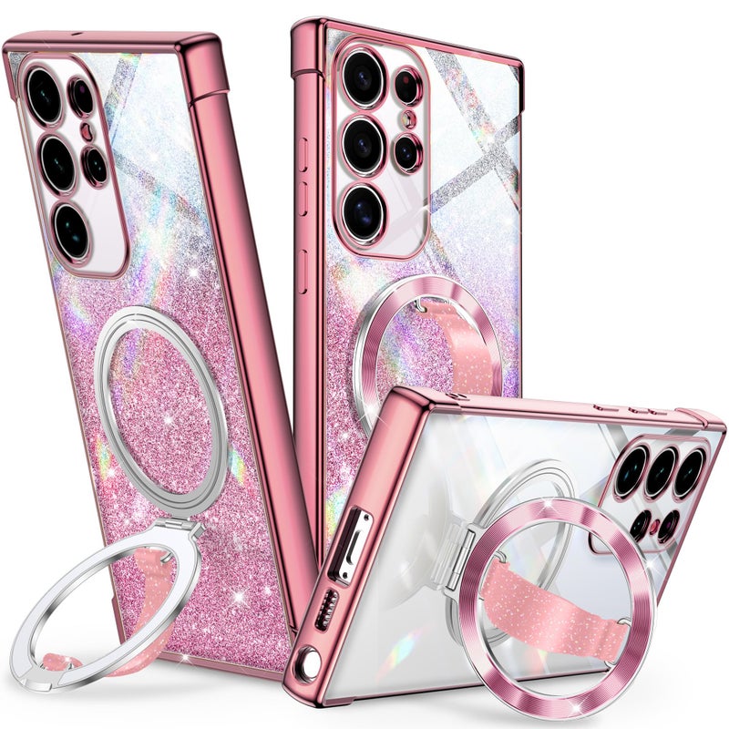 Silverback for Galaxy S22 Ultra Case with Stand - Phone Case with Soft Silicone Ring Grip Holder - Women Glitter Sparkle Protective Phone Cover para Samsung S22 Ultra, Clear Glitter Rose Gold - Image 1