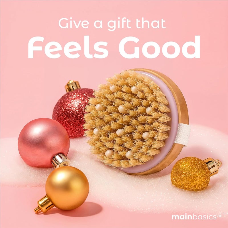 MainBasics فرشاة الجسم الجافة الدائرية - فرشاة تقشير الجسم مع شعيرات الخنزير ونتوءات مطاطية لإزالة الخلايا الميتة، تدليك العضلات، وتحفيز تصريف اللمف، 4.25 بوصة - Image 2