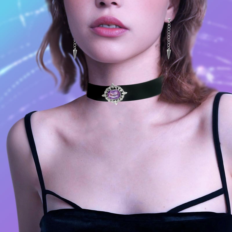 NEOVISTA Kpop Demon Inspired Jewelry Set â€“ Mira Velvet Purple Gem Choker Necklace (Adjustable) + Stainless Steel Spike Earrings â€“ Cosplay Accessories & Fan Gift for Teens & Women - Image 5