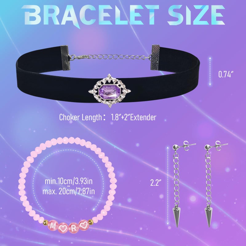 NEOVISTA Kpop Demon Inspired Jewelry Set â€“ Mira Velvet Purple Gem Choker Necklace (Adjustable) + Stainless Steel Spike Earrings â€“ Cosplay Accessories & Fan Gift for Teens & Women - Image 3