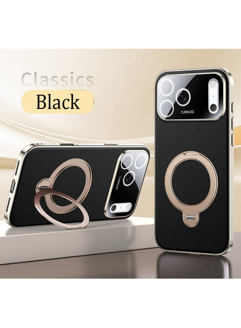 إكس ليفيل كيس لآيفون 17 برو ماكس دعم حماية كاميرا الشحن اللاسلكي غطاء كيس جلد حقيقي فاخر مع حامل حلقة غطاء الهاتف مقاوم للسقوط (أسود) - Image 1