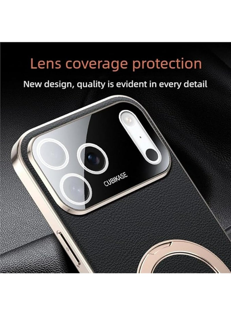 إكس ليفيل كيس لآيفون 17 برو ماكس دعم حماية كاميرا الشحن اللاسلكي غطاء كيس جلد حقيقي فاخر مع حامل حلقة غطاء الهاتف مقاوم للسقوط (أسود) - Image 2