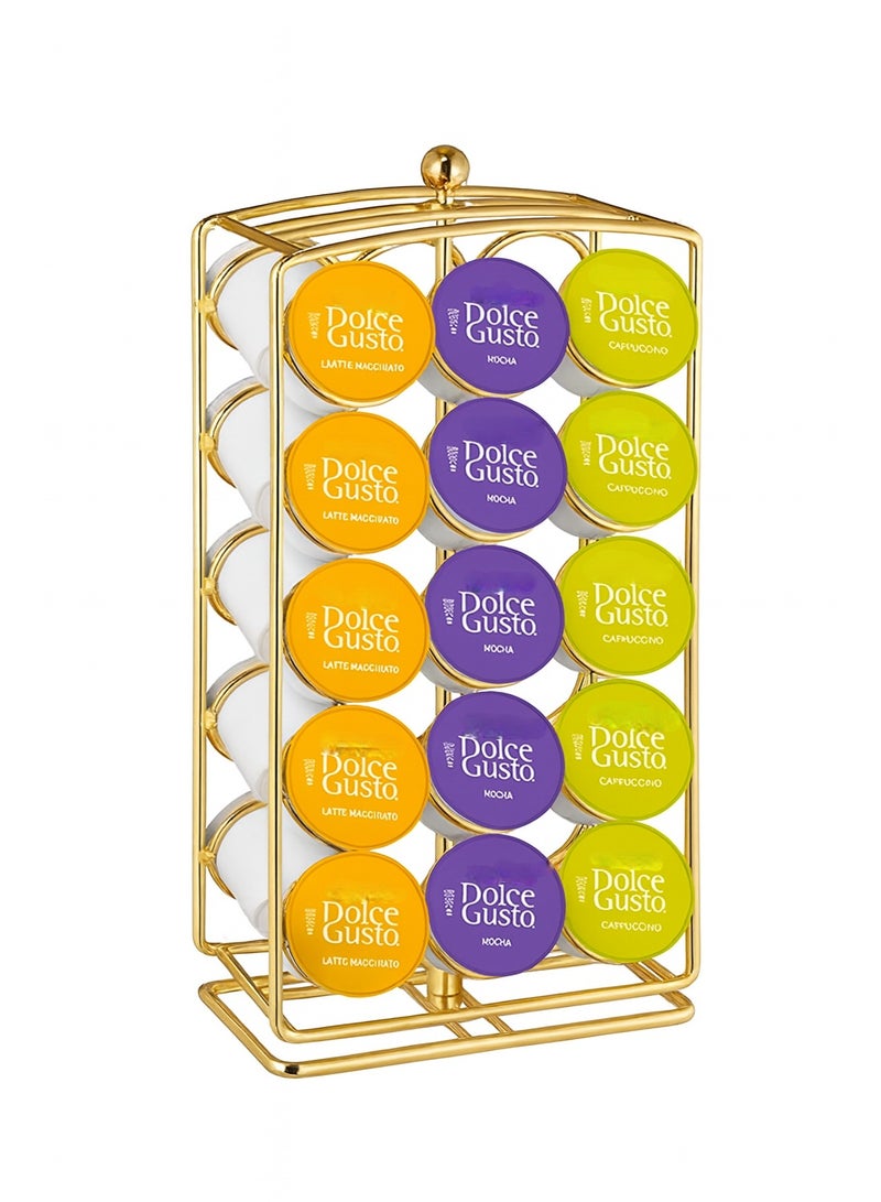 DLC 30 Coffee Capsule Holder Stand for Nescafe Dolce Gusto & K-Cup Pods | 360° Rotating Coffee Capsule Organizer Rack | Holds 30 Pods | Gold Metal Finish | Elegant Countertop Storage - Image 1