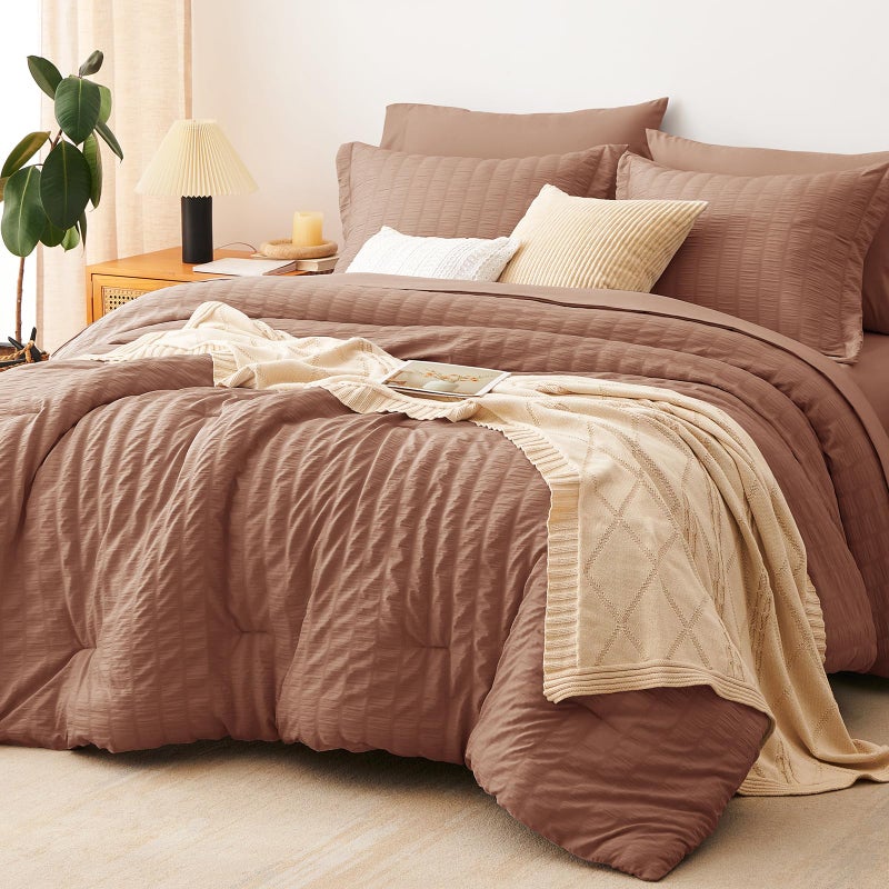 CozyLux King Size Comforter Set Mocha Mousse Seersucker 7 Pieces Bed in a Bag King Comforter Set with Sheets, Luxury Soft Bedding Sets with Down Alternative Comforter, Sheets, Pillowcases & Shams - Image 1