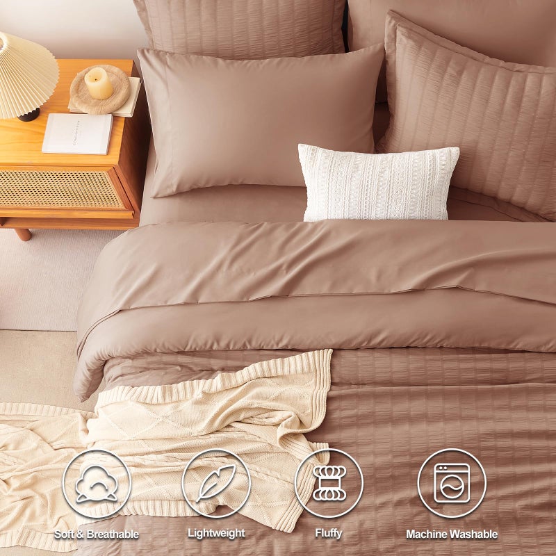 CozyLux King Size Comforter Set Mocha Mousse Seersucker 7 Pieces Bed in a Bag King Comforter Set with Sheets, Luxury Soft Bedding Sets with Down Alternative Comforter, Sheets, Pillowcases & Shams - Image 2