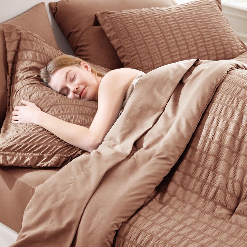 CozyLux King Size Comforter Set Mocha Mousse Seersucker 7 Pieces Bed in a Bag King Comforter Set with Sheets, Luxury Soft Bedding Sets with Down Alternative Comforter, Sheets, Pillowcases & Shams - Image 5