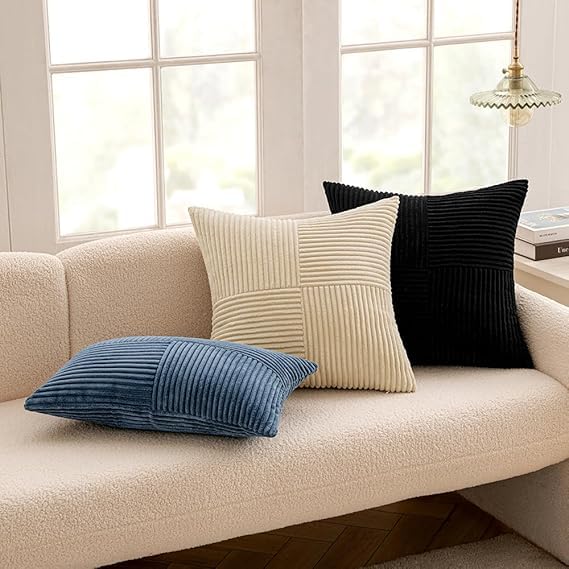 Guffaw Corduroy Pillow Covers Boho Decorative Spliced Throw Pillow Covers Soft Solid Couch Pillowcases Cross Patchwork Cushion Covers for Living Room Bed Sofa 16x16 inch (3, Blue) - Image 4