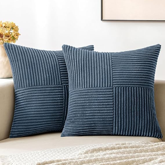 Guffaw Corduroy Pillow Covers Boho Decorative Spliced Throw Pillow Covers Soft Solid Couch Pillowcases Cross Patchwork Cushion Covers for Living Room Bed Sofa 16x16 inch (3, Blue) - Image 1