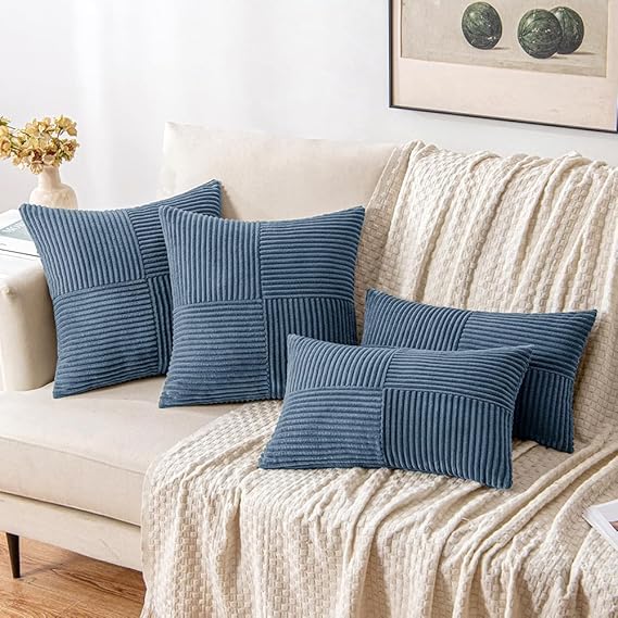 Guffaw Corduroy Pillow Covers Boho Decorative Spliced Throw Pillow Covers Soft Solid Couch Pillowcases Cross Patchwork Cushion Covers for Living Room Bed Sofa 16x16 inch (3, Blue) - Image 5