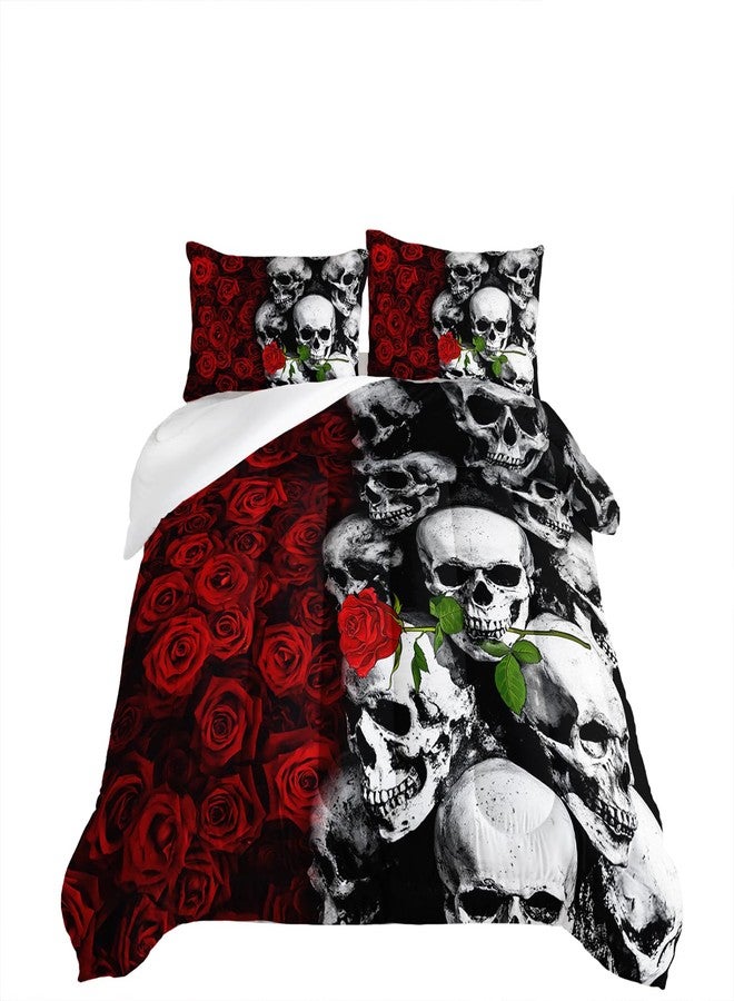 Tuzaovy Skull Bedding Set Queen Size,Goth Bedding Sets Queen with Comforter,Skull Comforter Set,Rose Comforter Halloween Skull Bed Comforter,Red Comforter Black Bedding Skull Quilt - Image 4