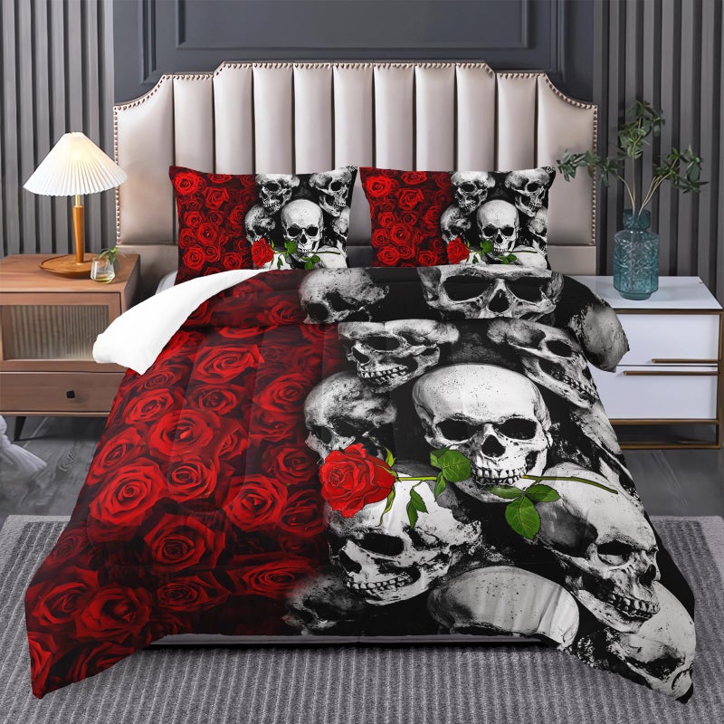 Tuzaovy Skull Bedding Set Queen Size,Goth Bedding Sets Queen with Comforter,Skull Comforter Set,Rose Comforter Halloween Skull Bed Comforter,Red Comforter Black Bedding Skull Quilt - Image 1