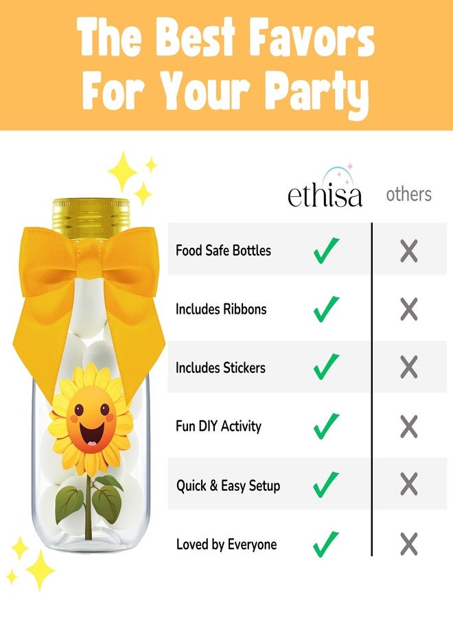Ethisa Small 12 Pack Sunflower Party Favors - DIY Candy Jars with Ribbons and Stickers - Party Decoration Bottles for Birthday, School Classroom, Baby Shower, Bridal Shower, and Wedding - Sun Flower - Image 5