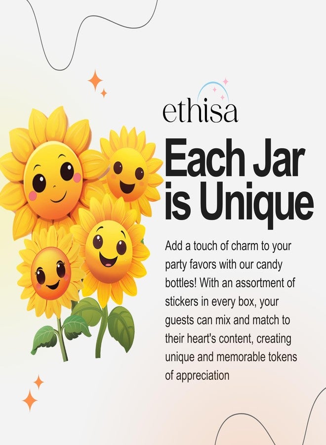 Ethisa Small 12 Pack Sunflower Party Favors - DIY Candy Jars with Ribbons and Stickers - Party Decoration Bottles for Birthday, School Classroom, Baby Shower, Bridal Shower, and Wedding - Sun Flower - Image 3