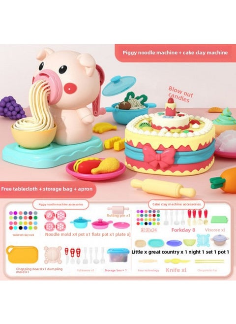 DIY Cartoon Color Clay Piggy Noodle Machine Cow Ice Cream Color Clay Clay Set Play House Tableware Children's Toys-Specification:[combination] Piggy Noodle Maker + Sound And Light Cake Maker + Dumpling Maker + Storage Box + Kitchenware + 48 Clay