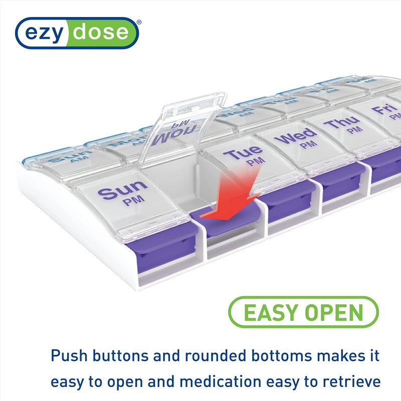 EZY DOSE Push Button (7-Day) Pill Case, Medicine Planner, Daily Vitamin Organizer, 2 Times a Day AM/PM, X-Large Compartments, Arthritis Friendly, Easy to use, Clear Lids, Purple and Blue, BPA Free - Image 4