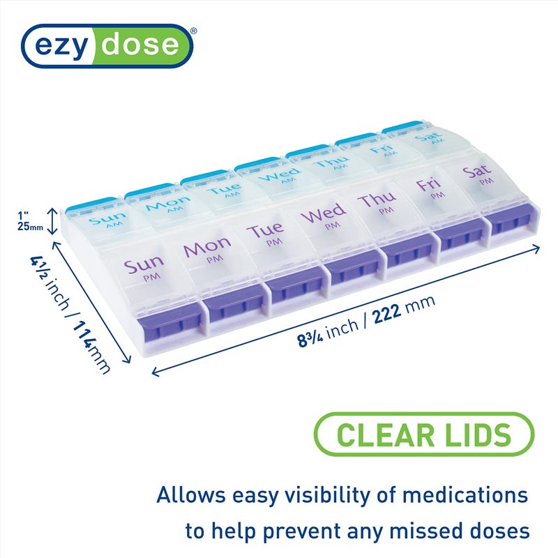 EZY DOSE Push Button (7-Day) Pill Case, Medicine Planner, Daily Vitamin Organizer, 2 Times a Day AM/PM, X-Large Compartments, Arthritis Friendly, Easy to use, Clear Lids, Purple and Blue, BPA Free - Image 2