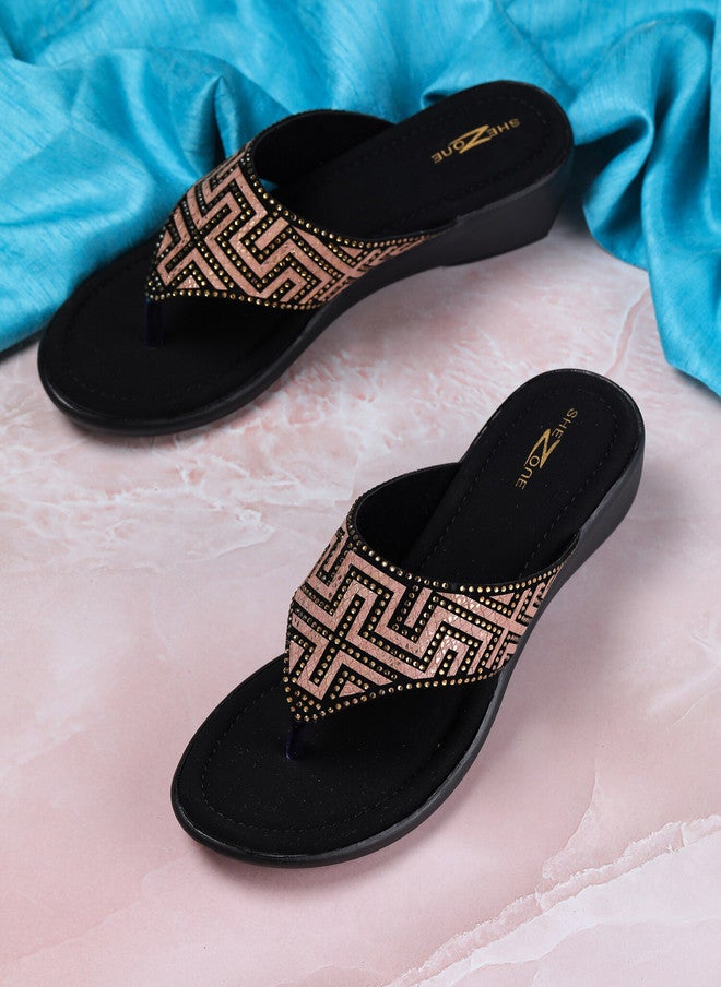 She Zone Beige Embellished Wedge Sandals for Women - Image 1