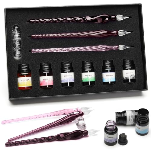 ESSSHOP Glass Pen Calligraphy Set - 3 Purple Crystal Dip Pens Color Ink and Pen Holder Art Supplies Kit for Signatures Beginners Journaling Lettering Drawing Holiday Gift Decoration - Image 1