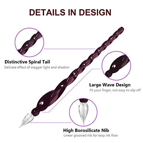 ESSSHOP Glass Pen Calligraphy Set - 3 Purple Crystal Dip Pens Color Ink and Pen Holder Art Supplies Kit for Signatures Beginners Journaling Lettering Drawing Holiday Gift Decoration - Image 3