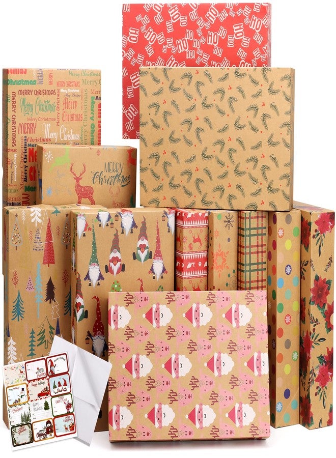 POPGIFTU Christmas Gift Boxes with Lids – 12 Pack Medium Kraft Shirt Boxes with Tissue Paper & Name Tags, 12 Holiday Designs Wrapping Boxes for Christmas Gifts & Parties - Image 1