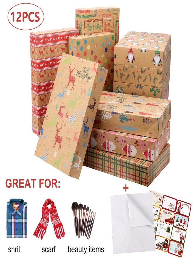 POPGIFTU Christmas Gift Boxes with Lids – 12 Pack Medium Kraft Shirt Boxes with Tissue Paper & Name Tags, 12 Holiday Designs Wrapping Boxes for Christmas Gifts & Parties - Image 4