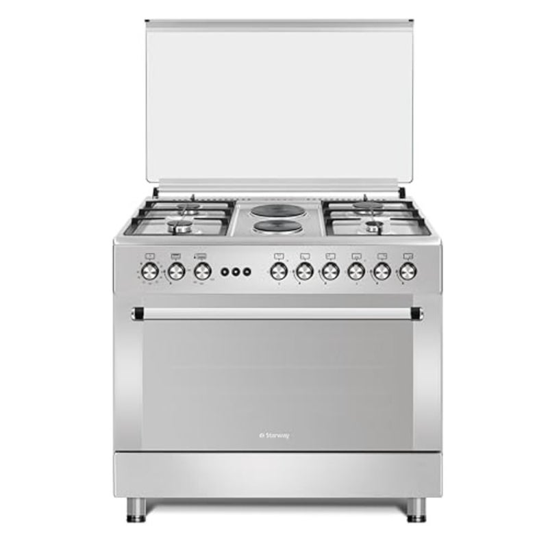 Kitchen gas electric range cooker with cast iron stand, black finish, 90x60 cm size, featuring grill, auto ignition, dual turbo fans, and total safety system - Image 1