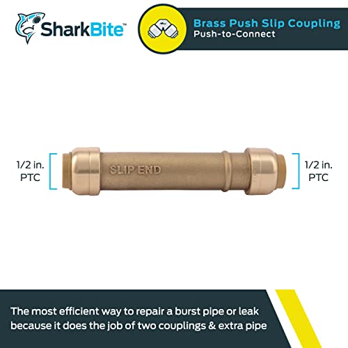 SharkBite 1/2 Inch Slip Coupling, Push to Connect Brass Plumbing Fitting, PEX Pipe, Copper, CPVC, PE-RT, HDPE, U3008LFA - Image 2