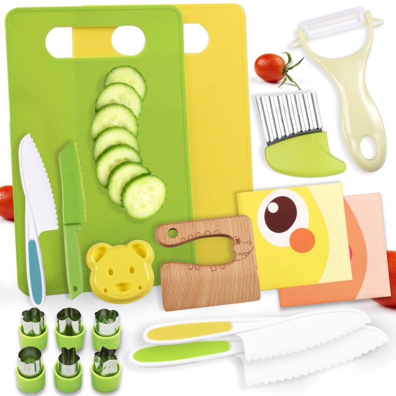 Acessorz 18 Pieces Montessori Kitchen Tools Cookware Baking Toy for Toddlers Kids Toddler Safe Knife Set for Real Cooking w Cutting Boards Crinkle Cutter Peeler Serrated Edges and Wooden Safe Knives - Image 3