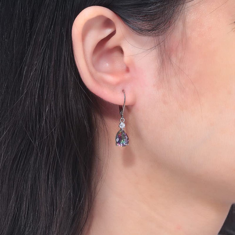 CiNily Womens Leverback Dangle Drop Earrings 14K White Gold Plated Hypoallergenic Mystic Rainbow Topaz Earrings - Image 3