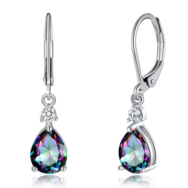 CiNily Womens Leverback Dangle Drop Earrings 14K White Gold Plated Hypoallergenic Mystic Rainbow Topaz Earrings - Image 1