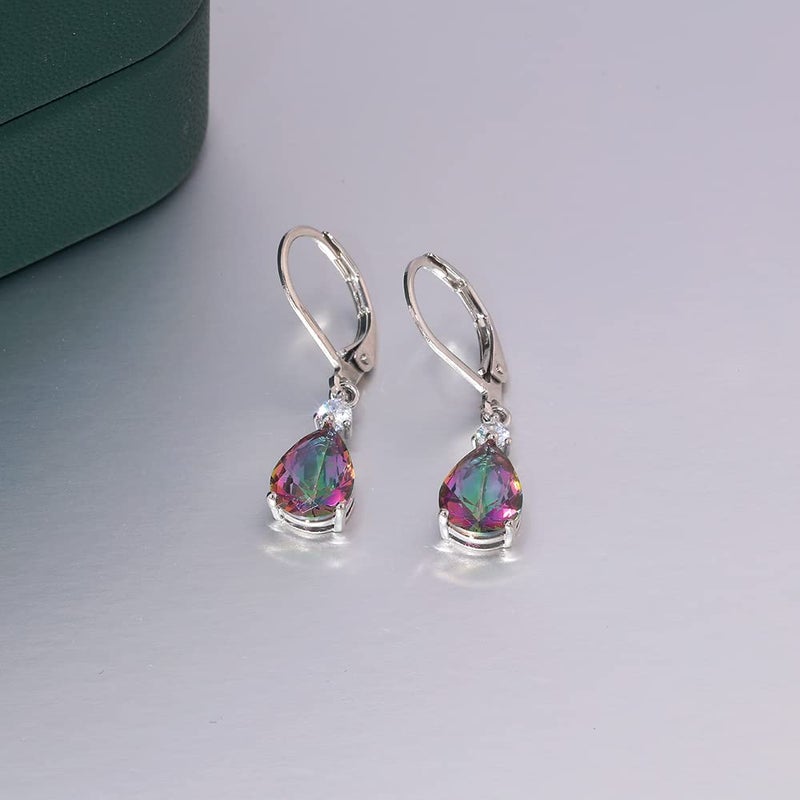 CiNily Womens Leverback Dangle Drop Earrings 14K White Gold Plated Hypoallergenic Mystic Rainbow Topaz Earrings - Image 5