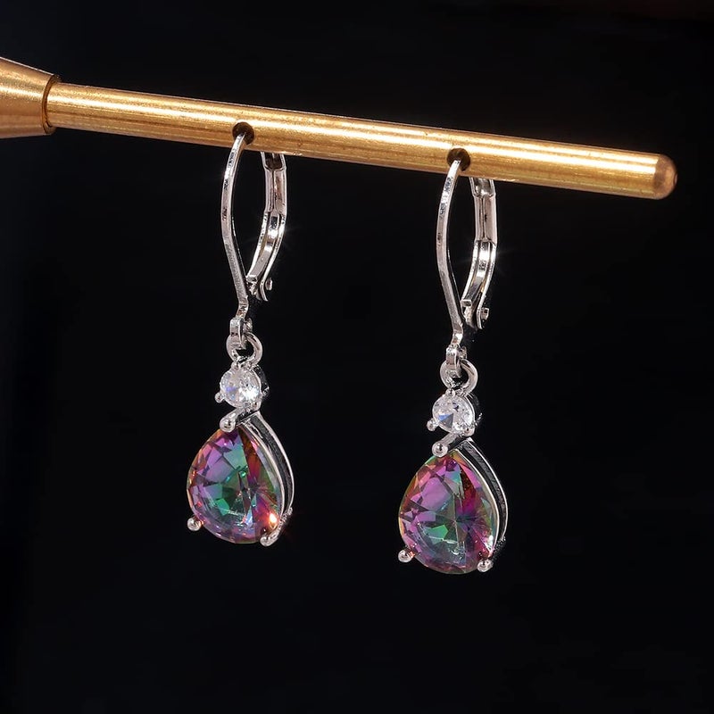 CiNily Womens Leverback Dangle Drop Earrings 14K White Gold Plated Hypoallergenic Mystic Rainbow Topaz Earrings - Image 2