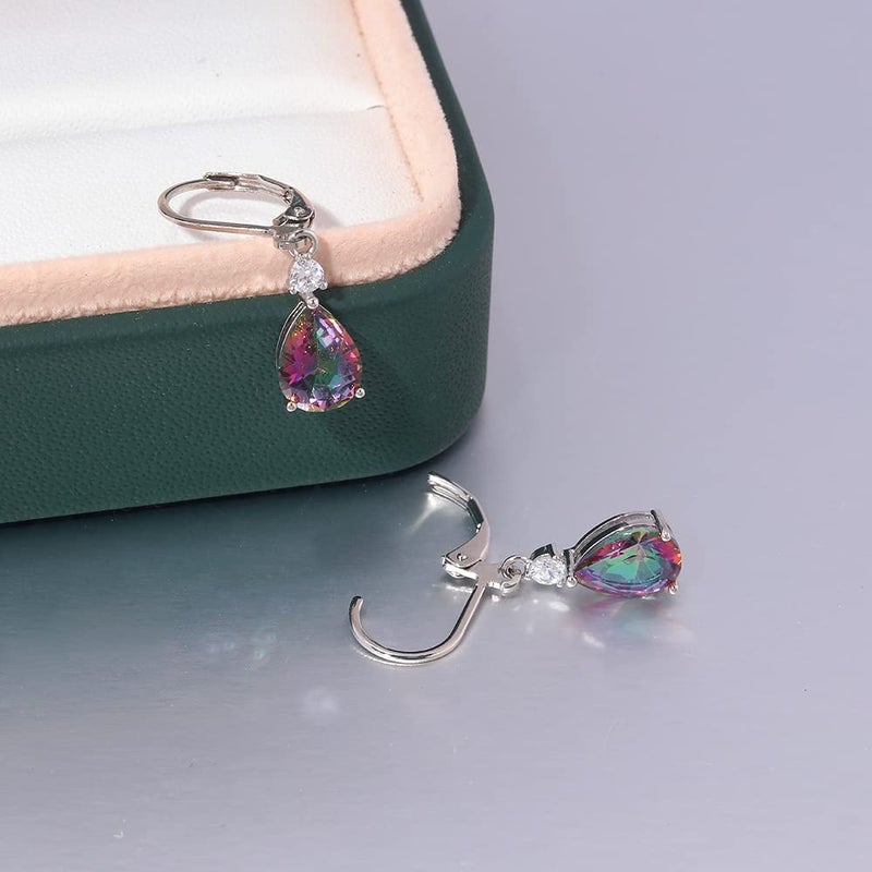 CiNily Womens Leverback Dangle Drop Earrings 14K White Gold Plated Hypoallergenic Mystic Rainbow Topaz Earrings - Image 4