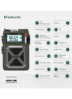 GREEN LION Vintage Solar Pro Radio and Bluetooth Speaker with Power Bank / Compass/ Radio / Hand Crank Charging / Solar Charging / Flashlight for Outdoor & Camping - Green  - Image 2
