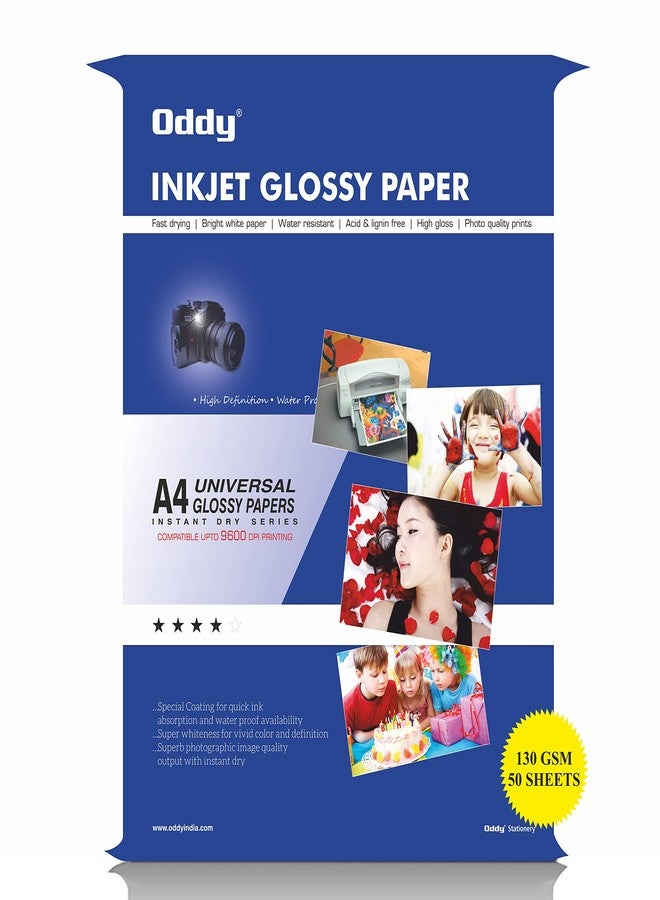 Oddy 130 GSM A4 Size Glossy Photo Paper – Non Adhesive, Universal Coated, Water Proof Pack of 50 Sheets, Compatible with Inkjet Printer. - Image 1