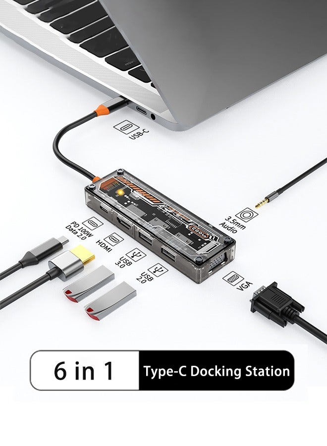 Transparent USB C Hub 6-in-1 Type-C to HDMI 4K 30Hz Adapter with USB 3.0 Port USB 2.0 Port 100W USB-C Powered VGA 1080P Connector for PCs, Tablets and Mobile Phones - Image 2
