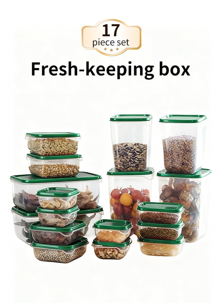 العنوان: مجموعة حاويات طعام 17 قطعة شاملة، مادة PP آمنة غذائياً، آمنة للميكروويف والثلاجة، حاويات حفظ طعام شفافة محكمة، مقاسات متعددة (أخضر) - Image 1